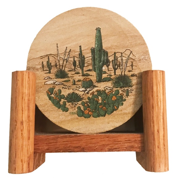 Set of 4 Coasters in Wooden Stand - Picture 1 of 3